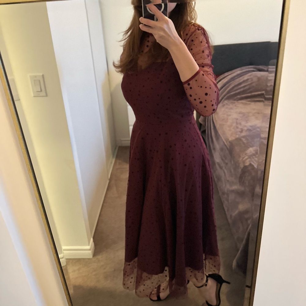 Elegant Burgundy Midi Polka Dot Mesh Fit & Flare Dress